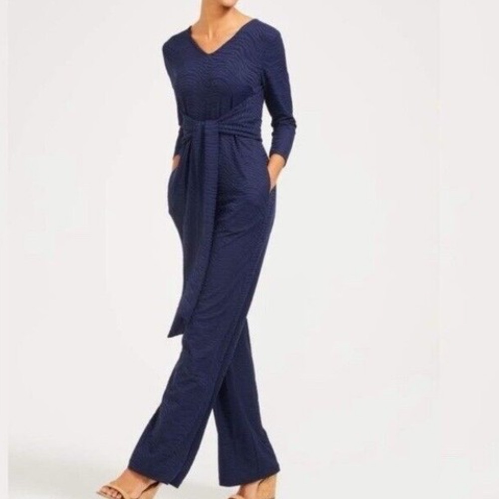 J. McLaughlin Greta wide leg jumpsuit Navy radio waves textured jacquard